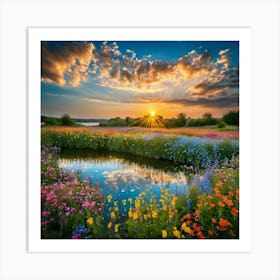 Sunrise over vast flower fields Art Print