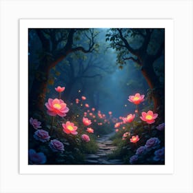 Glowing Flowers Blooming In A Mystical Enchanted Garden 1 Art Print