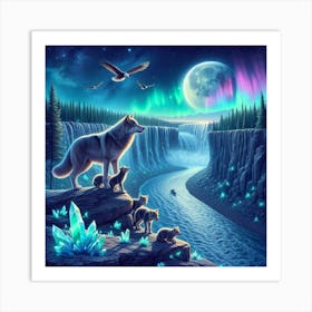 Wolf Family by Crystal Waterfall Under Full Moon and Aurora Borealis and Eagles Art Print