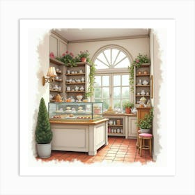 A Charming English Tea Shop With A Display Of Cakes And Pastries, Watercolor 1 Art Print