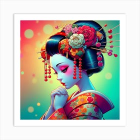 Praying Comic Geisha In Bright Color Illustration Art Print