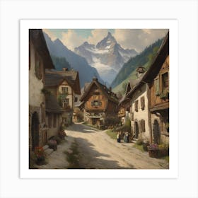 Village In The Alps. Oil Art. Art Print