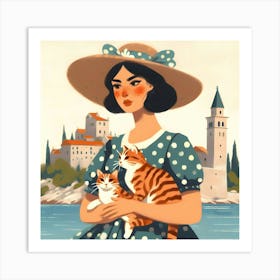 Girl With Cats and Hat Art Print