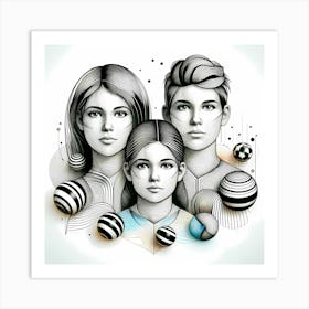 Sisters and Brother - Abstract Line Art Illustration 155 Art Print