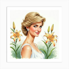 Graceful Watercolor Portrait Of Princess Diana Amidst Blooming Lilies 1 Art Print