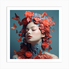 Beautiful Woman With Flowers And Butterflies Art Print