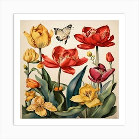 Tulips And Butterflies 5 Art Print