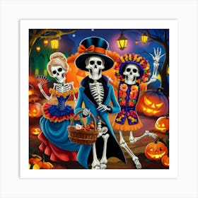 Halloween Skeletons With Pumpkins And A Basket Art Print