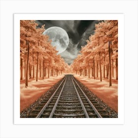 Golden Woods Tranquil Train Tracks Beneath A Full Moon Sky (3) Art Print