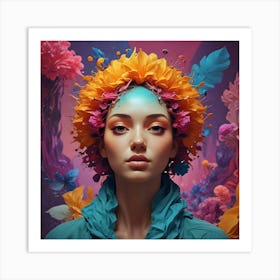 Woman With Flowers On Her Head Art Print