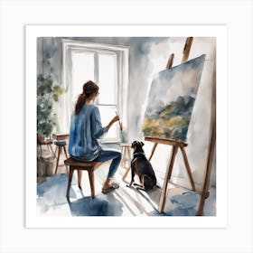 Watercolor Artist With Dog Art Print