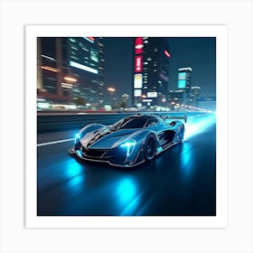 Sleek Flying Car With Glowing Blue Lights, Zooming Through A Neon City 1 Art Print