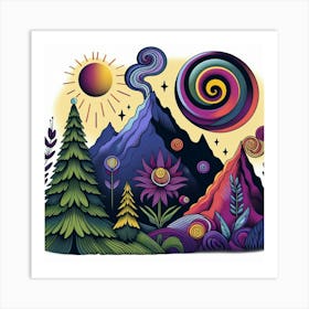 Mountain With Spiral Moon Sun Bottlebrush Tree 2 Art Print