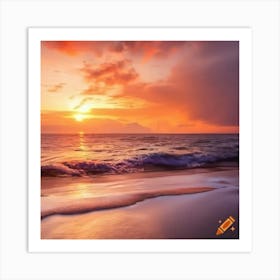 Craiyon 002812 Serene Sunset On A Paradise Beach With Palm Trees And Crashing Waves Art Print