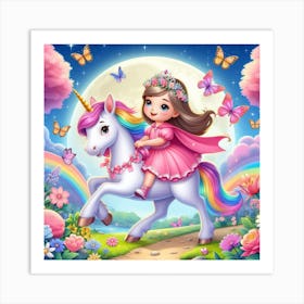 Little Princess On A Unicorn Art Print