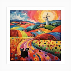 Two Cats Sat In The Rolling Fields In Front Of A Medieval Windmill Town Art Print