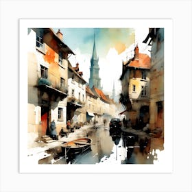 Watercolor Painting European Town Art Print