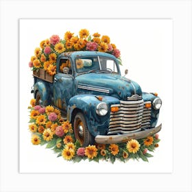 Vintage Truck With Sunflowers Art Print