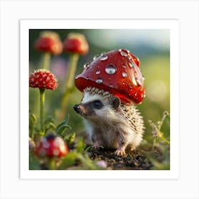 Hedgehog With Mushroom Hat Art Print