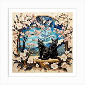 Black Cats In Cherry Blossoms Art Print