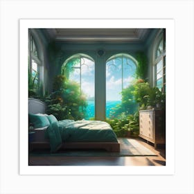 Anime Bedroom Full Of Plants With Giant Window Looking Out Underwater Art Print