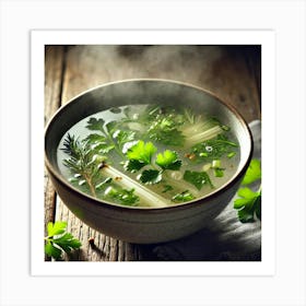 A Close Up Of A Steaming Bowl Of Water Based Broth Art Print