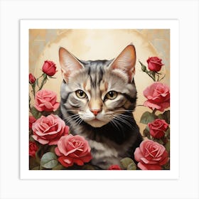 Domestic Shorthair With Roses Art Print