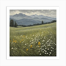 vintage oil painting of wild flowers in a meadow, mountains in the background 3 Art Print