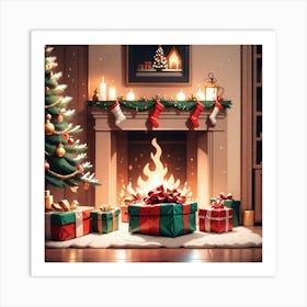 Christmas Fireplace With Presents Art Print