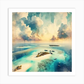 Ocean’s Embrace, An abstract piece in watercolors emphasizing on the circular embrace of the atoll around its central lagoon. This artwork would fit well in a dining room or a kitchen, where it can add some color and warmth to the space. Art Print
