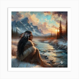 Oil Texture Native American Woman By Stream 5 Art Print