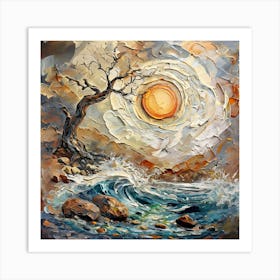 Abstract Nature Art Surreal Sun, Waves, and Tree with Dove Art Print