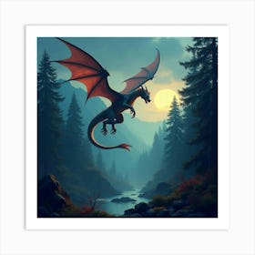 A Majestic Dragon Soaring Above A Mystical Forest With Glowing Trees 1 Art Print