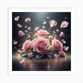 Pink Roses On Black Background Art Print