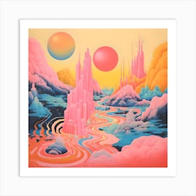 Risograph Style Surreal Scene, Vibrant Trippy Candy Colours 4 Art Print