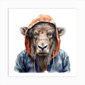 Watercolour Cartoon Wildebeest In A Hoodie Art Print