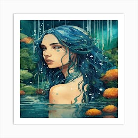 Blue Haired Girl In Water Art Print