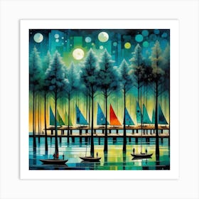 Sailboats At Night Art Print