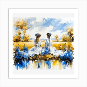 Two Women In Blue Dresses Art Print