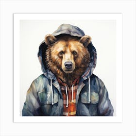 Watercolour Cartoon Grizzly Bear In A Hoodie 1 Art Print