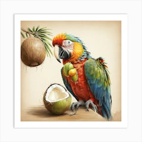 Parrot With Coconut Art Print