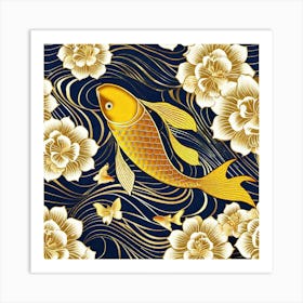 Gold Fish With Flowers Art Print