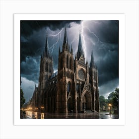 Gothic Cathedral In A Thunderstorm Art Print