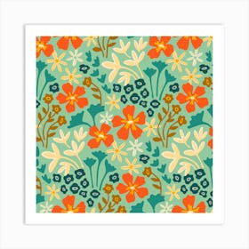 PROFUSION Bright Retro Tropical Floral Botanical in Orange Teal Cream Yellow on Mint Green Art Print