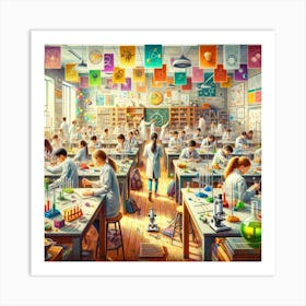 Science In Action Wall Print Art An Engaging Depiction Of Students Conducting Experiments, Perfect For Inspiring Curiosity And A Love For Science In Any School Setting Art Print