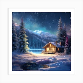 Lakeside Cabin in the Mountains Art Print