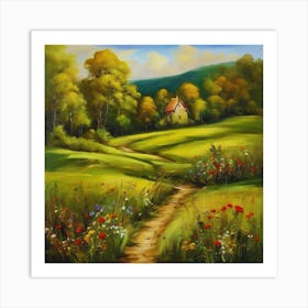 Canada's forests. Dirt path. Spring flowers. Forest trees. Artwork. Oil on canvas.4 Art Print