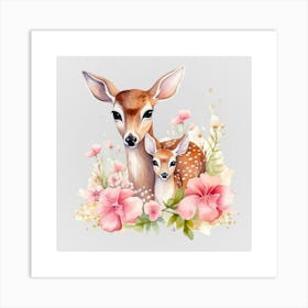 Watercolor Spring Mama And Baby Deer Art Print