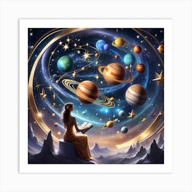 Girl Reading Book In Space Art Print