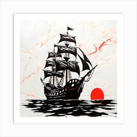 Minimalist Pirate Ship Wall Art Abstract Black Sailboat Print with Red Sunset Poster